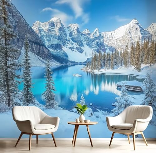 DLERFLOVR Papier Peint Paysage Du Lac Moraine, 450x315cm Papier Peint Panoramique Lac D'Hiver Murale Poster Tableaux Photo Muraux pour Salon Chambre à Coucher Maison Décoration