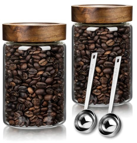 JanYoo Vorratsgläser mit Deckel 2er Set, 1000ml Kaffeedose Luftdicht Aufbewahrungsgläser Glas Kaffeebohnen Behälter mit Schaufel Vorratsglas mit Holzdeckel für Tee Nüsse Kakao Bohnen Aufbewahrung