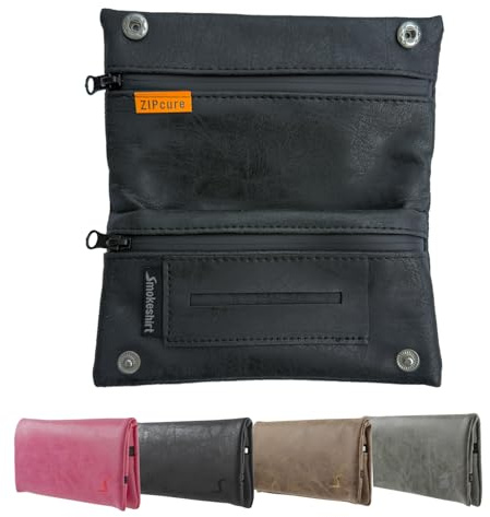 smoke shirt Tabaktasche mit ZIPcure Aromaverschluss f. frischen Tabak Tabakbeutel Blättchen-Fach Used Leather Look Dreher-Tasche schwarz