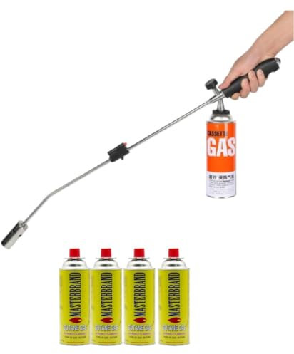 MASTERBRAND Weed Burner Torch Kit with 4 Butane Gas Canisters | Garden Flame Weeder with Piezo Ignition & Adjustable Flame | Outdoor Weed Killer Torch