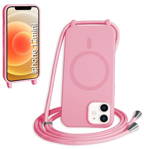 FMPCUON Magnétique Coque avec Cordon pour iPhone 12 Mini, [Compatible avec MagSafe] Etui Collier Réglable Téléphone Étui Portable Lanyard Case Protection Complète Cover,Pink