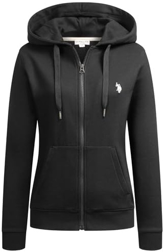 U.S. POLO ASSN. Damen Kapuzenpullover (S-XL) Hoodie mit Reißverschluss, aufgesetzten Eingrifftaschen und Rippbündchen P019 - Schwarz Beige - Gr.M