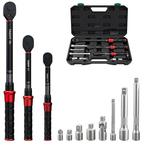 TAGVIT Drehmomentschlüssel-Set 11tlg. für alle Arbeiten: Präzise Einstellung (1-220 Nm) mit 3 Antrieben (1/4, 3/8, 1/2) | Ideal für Fahrrad, Motorrad, Auto-Reparatur, Reifenwechsel & Heimwerker