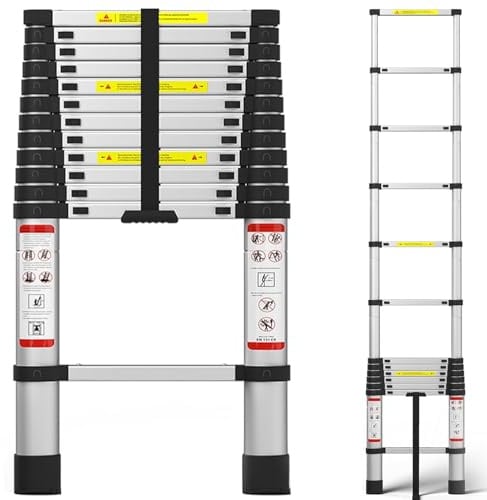 Teleskopleiter kopleiter 3,79 Meter – Metall-Klappleiter, tragbare Ausziehleiter für zu Hause, Höhenverstellung, 150 kg Tragfähigkeit, langlebiger und leicht