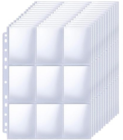 50Pcs 9 Pocket Page Protectors, 900 Double Side Trading Card Sleeves | 11 Holes Game Card Holder Pages Fit 3 Ring Binder for Pok-emon Baseball Game Business Cards