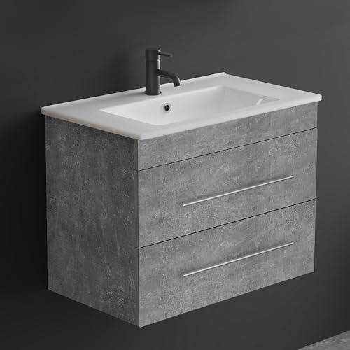 Alpenberger Badmöbel Set mit Waschbecken | Badschrank mit 2 Schubladen | Hängeschrank Bad | Waschtisch mit Unterschrank | Badezimmer Möbel | Waschbeckenunterschrank Grau 70cm