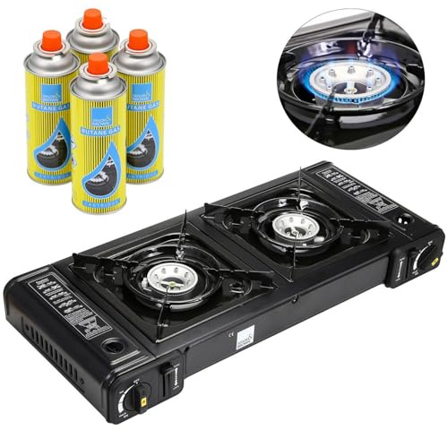 Taylor & Brown Portable Dual Burner Camping Stove, Black with 4 Butane Gas | EN417 Compliant Premium Double Gas Cooker | with Automatic Ignition & Heat Control | for Camping, BBQ & Outdoor Cooking