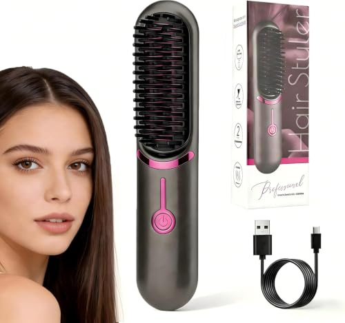 Wendict Cepillo Alisador de Pelo Inalámbrico Portátil para Mujer, 2 en 1 Plancha de Pelo y Cepillo, Plancha de Pelo Portátil para Viaje, Calentamiento Rápido y Plancha de Cerámica Inalámbrica (Negro)