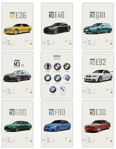 Aurelx 9 Stück Exquisite Auto Poster Set, Bunt Zimmer Deko Jungs, Leinwand Wandkunst, 20 x 30 Cm Supercar Wanddekoration für Büro, Wohnzimmer & Wohnzimmer, Ideale Auto Geschenke für Männer