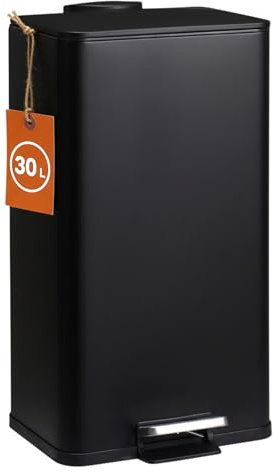 Spetebo Edelstahl Tretmülleimer mit Soft Close schwarz - 30 L | Metall Eimer mit Fußpedal und entnehmbarem Inneneimer