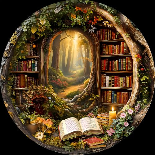 WOODBESTS Jigsaw Puzzles for Adults 1000 - Forest Bookstore | 67.5 x 67.5cm Round Puzzle for Home Wall Decor, Challenging Adult Puzzle Game Gift for Women Men