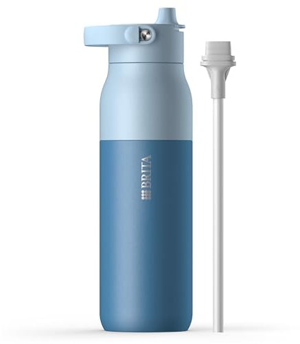 BRITA LARQ Essential Edelstahl Trinkflasche mit Strohhalm (1000 ml) blau | Edelstahl Wasser-Flasche ohne Filter, doppelwandige Isolierung (24h kalt), mit abnehmbarem Henkel, spülmaschinengeeignet