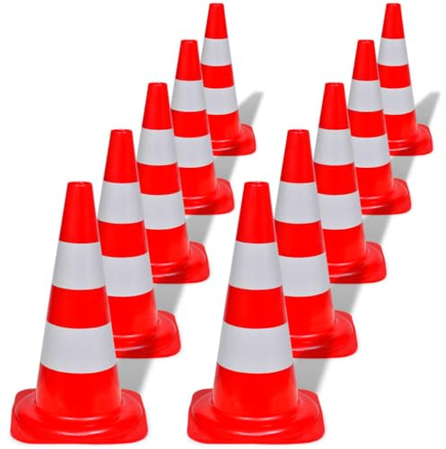 Ziaphsol Lot de 10 cônes de circulation réfléchissants rouge et blanc, PE 50 cm, avec bandes de 10 cm, pour barrière de chantier, parking, cour, allée, sortie, visibilité à l'extérieur