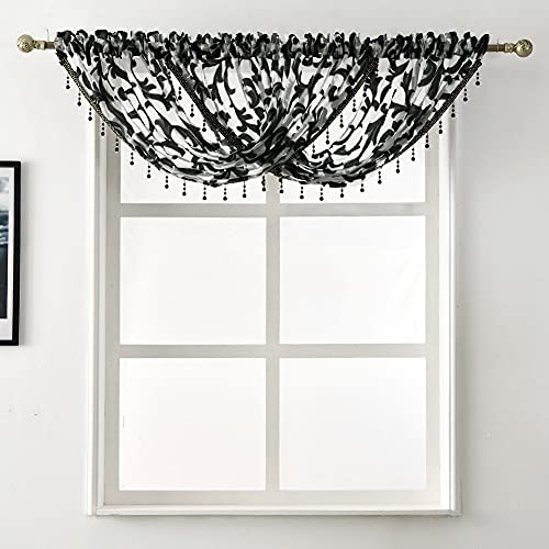 NAPEARL Schwarzer Wasserfall-Volant für Fenster, Organza, durchscheinender Badezimmer, Fenstervorhang, Volant, mit Perlen für kleine Fenster, Küche (1 Volant, 144 x 94 cm)