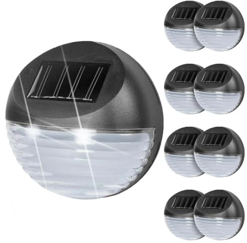 GEEZY Solar Fence Lights, Set of 8 – Cold White LED, Black, Auto On/Off Dusk-to-Dawn, Water & Weather Resistant – Solar Lights Outdoor Garden for Walls, Fences, Decks