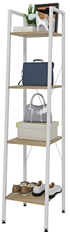 eSituro Scaffale Libreria a Scala Scaffale Porta oggetti in Acciaio Legno 4 Ripiani Design Industriale Scaffalatura Multifunzionale per Cucina Soggiorno Bianco+Rovere Chiaro SSTR0041