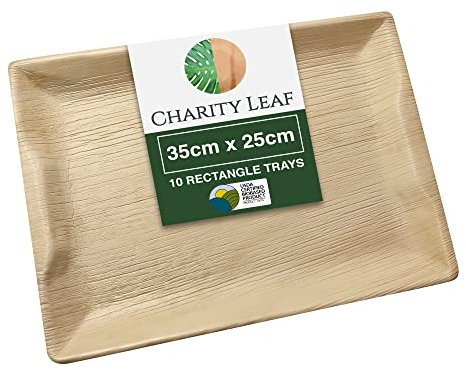 Charity Leaf – Einweg-Serviertablett und Servierplatte im Palmblatt-Stil aus Bambus | Alles natürlich und biologisch abbaubar | Wurstbretter, Hochzeiten und Partys | 35cm x 25cm Rechteck (10 Stück)