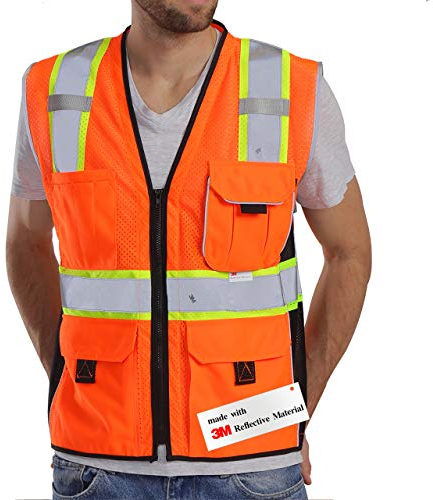 Dib Safety Warnweste, reflektierend, orangefarbenes Netz, hohe Sichtbarkeit, Weste mit Taschen und Reißverschluss, strapazierfähige Weste mit 3M-Reflektorband, M