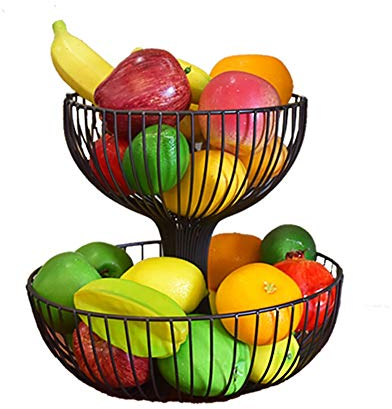 ABJING Frutero de 2 Pisos - Cesto de Frutas y Vegetales - Metal Cesta Fruta, para Conservan Frutas, Verduras, Bocadillos o Panblack