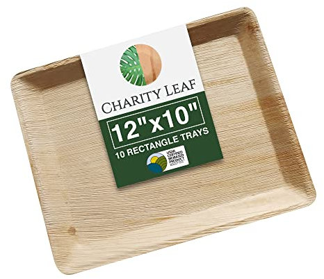 Charity Leaf - Bandeja y Plato Desechables de bambú con Forma de Hoja de Palma | Todo Natural y Biodegradable | Charcutería Tablas, Bodas y Fiestas | Rectángulo 12x10 (10 Piezas)