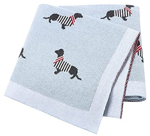 Babydecke 100% Baumwolle Weich Gestrickt Babydecken für Neugeborene Jungen Mädchen Dackel Wursthund 100x80cm Blau