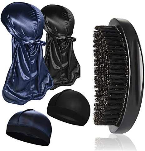 Furwabo 2 Stücke Silky Durags mit Elastischer Wave Cap und Wellenbürste Unisex,Nacht Schlaf Mütze DOO Rag Haarwellen Bürsten Kits, Strumpf Kompressions Kappen für 360 540 und 720 Wellen