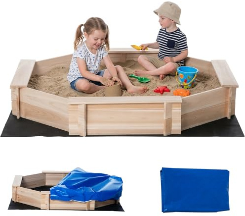 Outsunny Kids Wooden Sand Pit with Cover for 3-8 Years 139.5x139.5x21.5 cm