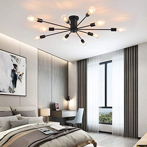 JIINOO Halb Bündige Kronleuchter Deckenleuchte, 10-Licht E27 Moderne Schwarz Kronleuchter Deckenlampe Industrielle Deckenleuchte Pendelleuchte für Küche Esszimmer Wohnzimmer Schlafzimmer