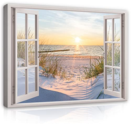 WallArena - Leinwand Bilder - Fensterbilck Strand Meer Natur Landschaft - 80x60 cm Leinwandbilder Bild auf leinwand Wandbild XXL groß Wandbilder für Wohnzimmer Schlafzimmer Wohnzimmerbilder Modern