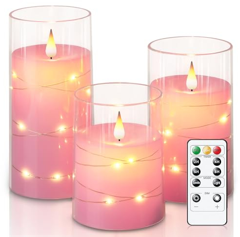 Homemory Flackernde Flammenlose Kerzen mit Lichterkette, Batteriebetriebene Kerzen, Eingebettete Lichterkette, LED-Kerzen, Unzerbrechliche Kerzen mit Fernbedienung, Rosa, Dekorationen, 3er-Set