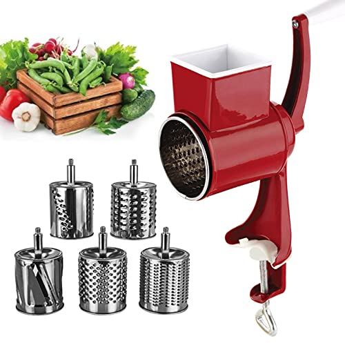 MKNZOME Râpe à Fromage, 5 en 1 Coupe Legumes Rapeuse Legume Découpe Légumes avec 5 Tambours, Manuel Râpe Spiraliseur de Légumes pour Carotte, Concombre, Oignons, Tomates - Cuisine Accessoires - Rouge