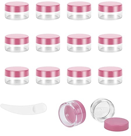12pcs 10Gram/10ml Jars, Sample Pots, Mini Jars With Lids, Clear Round Plastic Jar With 1 Mini Spatulas For Various Cosmetic Products, Samples, Eye Shadow Lip Balm, and Nail Powder (Pink)