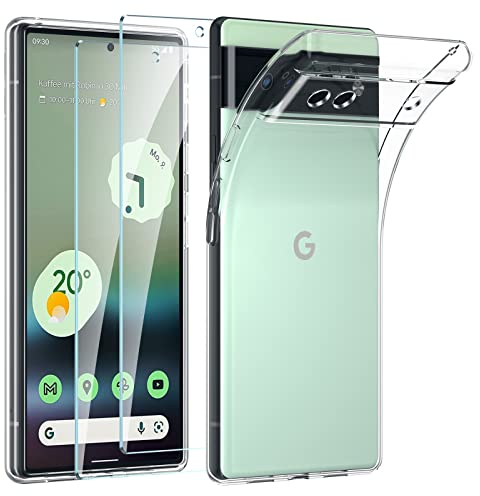Phoona für Google Pixel 6a Hülle,mit 2 Stück Schutzfolie,Transparente Sanft TPU Handyhülle für Anti-Drop, Anti-Scratch und Kein Vergilben,Ultra Dünn