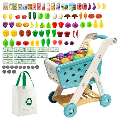 Jovow 102pcs Kids Shopping Cart Trolley Play Set with Pretend Food and Accessories,Perfect for Ages 3+ Pretend Play and Role-Playing Games