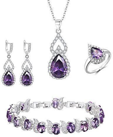 Clearine Jewellery Set for Women Silver Plated Purple Teardrop Cubic Zirconia Necklace Open Adjustable Ring Earrings Bracelet Gift for Wedding/Anniversary/Mothers Day