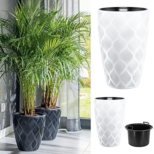 YULKA Großer und dekorativer Blumenübertopf mit herausnehmbaren Einsatz 2in1, 3D-Textur, Oval | Blumenkübel Blumentopf Pflanzkübel | für draußen und innen, frostbeständig | Farbe: Weiss