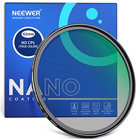 NEEWER Filtro polarizador de Colores Reales (CPL), 62 mm, Filtro polarizador Circular, Cristal óptico HD, Doble Cara, nanorevestimiento de 30 Capas, Marco de Aluminio, Impermeable, Resistente a los