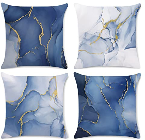 Bonhause 4er Set Kissenbezüge Marmor Blau 45 x 45 cm Abstrakte Blau Gold Moderne Samt Soft Dekorative Kissenhülle Blau Zierkissenbezüge für Sofa Schlafzimmer Wohnzimmer Zuhause Dekoration