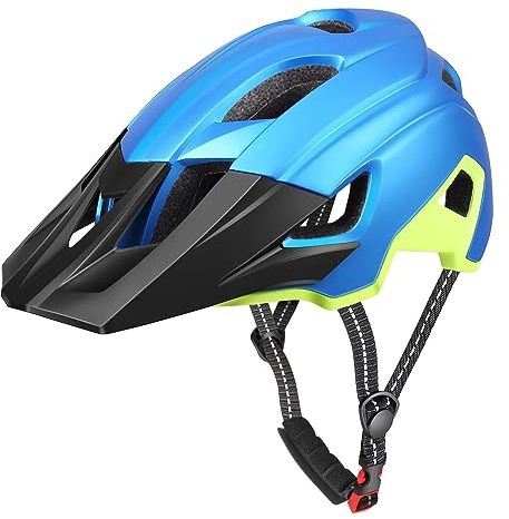 RaMokey Casco da bicicletta MTB, casco da mountain bike, con visiera rimovibile e imbottitura, per adulti, per il trasporto urbano, per uomo e donna (blu+giallo)