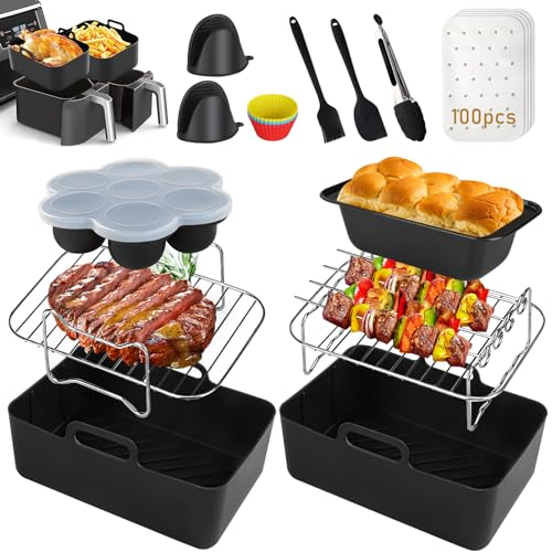 prettop Silicone Air Fryer Liner,Set of 12 Air Fryer Accessories for Ninja Dual AF300UK AF400UK Including Reusable Air Fryer Liner & Dual Air Fryer Racks & Gloves etc, Compatible with Oven, Microwave