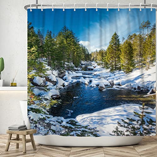 ASDCXZ Landschaft Duschvorhang 180x200 cm, Natürliche Winter Schneelandschaft Gebirgsbach Grün Wald Bad Waschbar Duschvorhänge Polyester Textil Wasserdicht Badevorhang für Badewanne mit 12 Haken