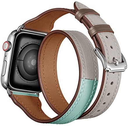 Soyeacrg Compatibile con Cinturino Apple Watch 49mm 45mm 44mm 42mm 41mm 40mm 38mm, Cinturino di Ricambio in Vera Pelle Doppio Giro per iWatch Serie SE 9 8 7 6 5 4 3 2 1 Ultra 1 2,White,42/44/45/49mm