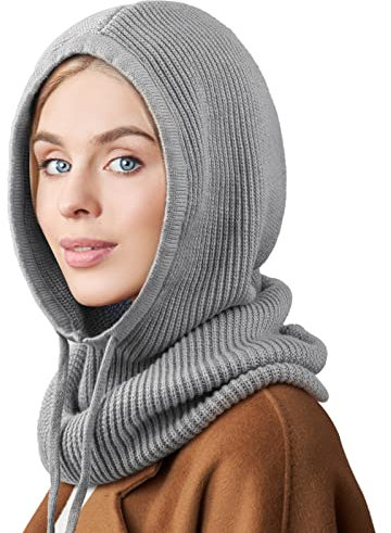 DRESHOW Wintermützen für Damen Balaclava Strickmütze Skull Cap mit Kordelzug Warmer Kapuzenschal Mütze
