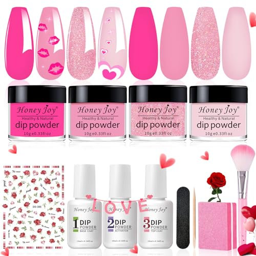 Honey Joy Dip Powder Nail Kit Starter, 4 Colors Hot Pink Glitter Fine Dipping Powder Liquid Set with Base Top Coat Activator for Nail Art Manicure Salon DIY No LED Nail Lamp Needed, Dip-7pcs-01 …