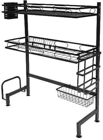 Escurreplatos sobre fregadero, 2 niveles de acero inoxidable, escurreplatos grande, para cocina, con soporte para utensilios, soporte para tabla de cortar, bloque de cuchillos, negro (62 cm)