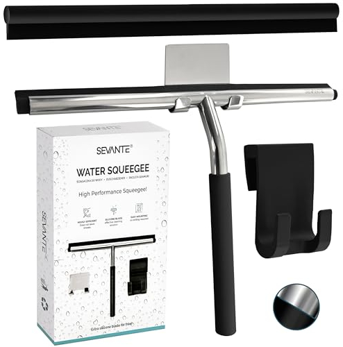 SEVANTE Duschabzieher 25,5 cm - Metall Fensterabzieher - Bad Accessoires - Abzieher Dusche mit Halterung - Flitsche für Dusche, Glas und Spiegel - Duschkabinenabzieher - Schwarz