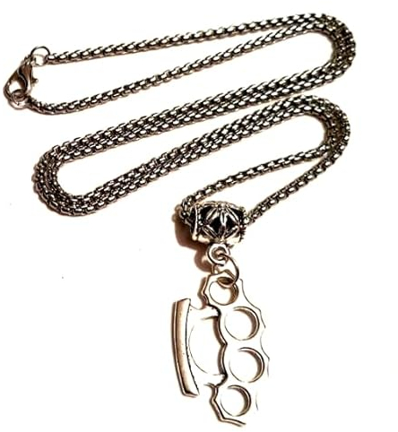 Silver Knight Stainless Steel Knuckle Duster Pendant Necklace On A 24 Inch Stainless Steel Wheat Chain, Brass Knuckles Hip Hop Gangster Fighter Jewelry MMA Rapper Jewelry, F3903030