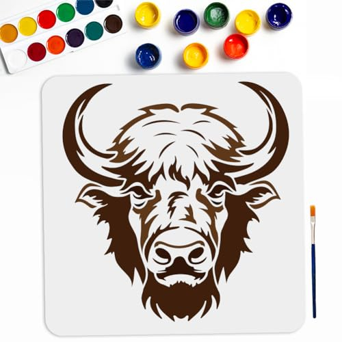 MAYJOYDIY Bison-Schablone, wiederverwendbar, Bauernhoftier-Design, für Wandkunst, Holzmalerei, Leinwand, DIY-Dekor, 30 x 30 cm