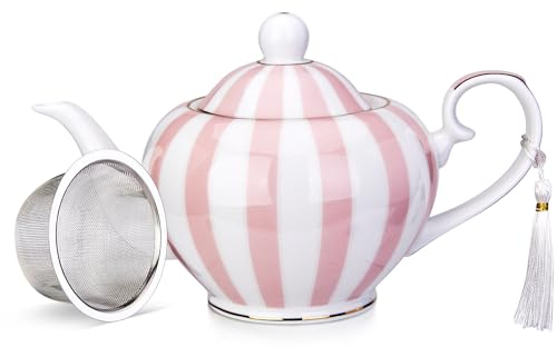 London Boutique teapot with Infuser - Tea Pot infusers for Loose Tea -700ml Capacity Perfect 2 Cup teapot -Easy Grab Handle Teapots (Pink Strips)
