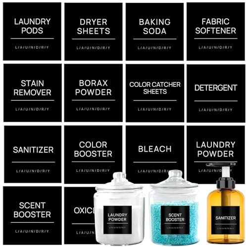 KSIWRE 14 PCS Minimalist Laundry Labels for Jars, Black, Waterproof, Square, 2.6 x 2.6 (6.6cm x 6.6cm), Vinyl, Laminated, Laundry Room Organization and Storage